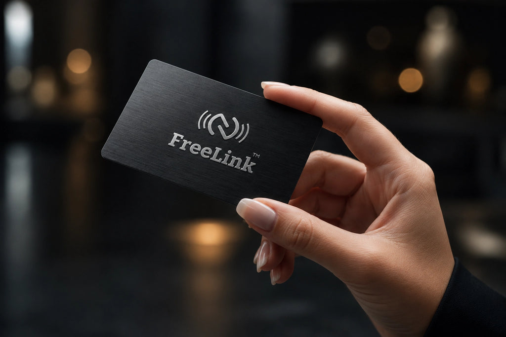 Hand holding a black NFC Business card with 'FreeLink' logo against a dark background