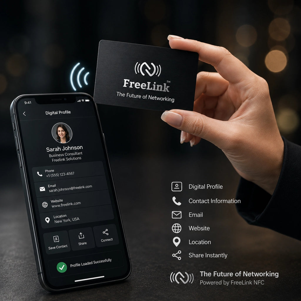 FreeLink NFC digital business card held in hand next to smartphone displaying digital profile, contact information, and contactless networking features.