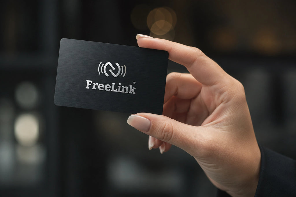 Hand holding a black NFC card with silver engraving  and 'FreeLink' logo against a dark background
