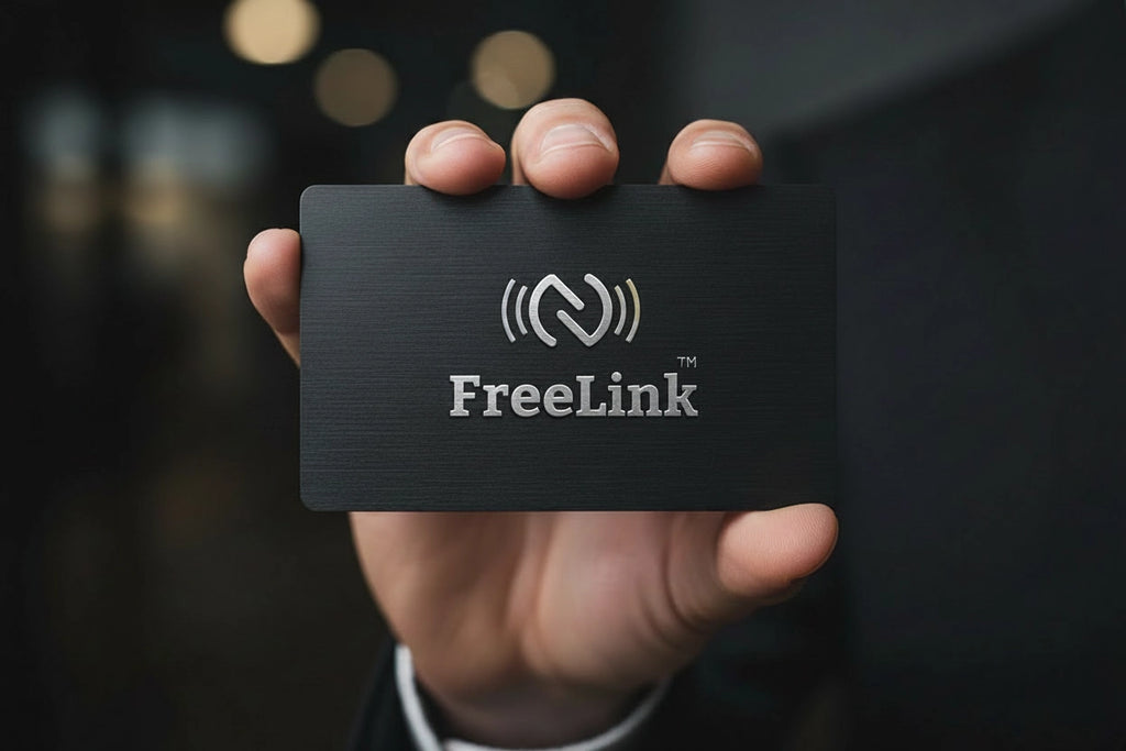 Hand holding a black NFC card with silver engraving & 'FreeLink' logo against a dark background