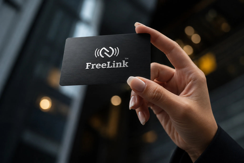 Hand holding a black NFC business card with 'FreeLink' logo against a indoor background