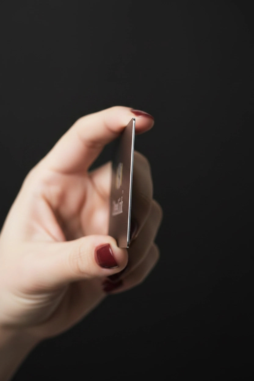Hand holding a NFC SMart business card showing thickness of card in dark background