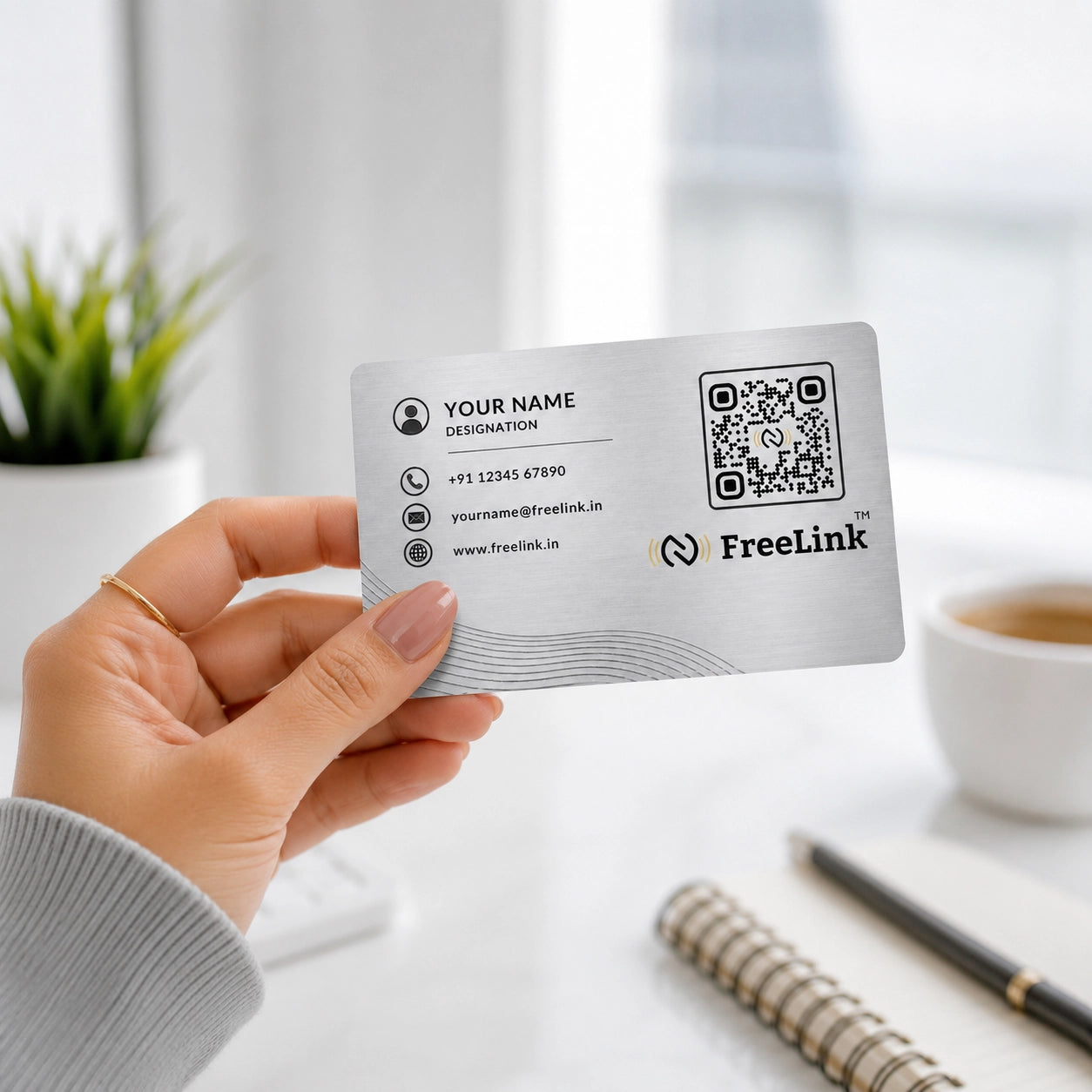 FreeLink Silver NFC Metal Business Card with UV Printing & Embossing – Lifetime Free Digital Profile