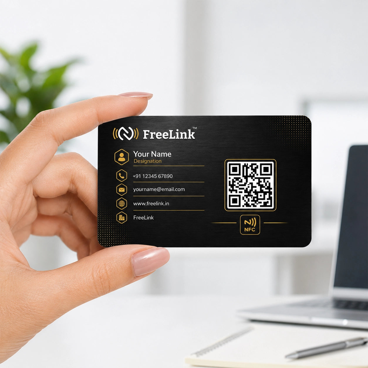 FreeLink Black NFC Metal Business Card with UV Printing-embossing & Lifetime Free Digital Profile