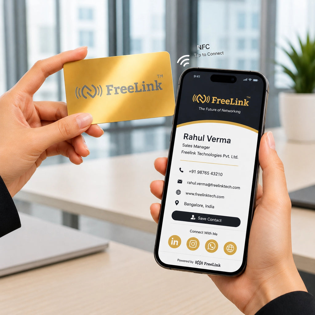 Person holding a gold NFC metal card and smartphone with FreeLink branding and digital profile in an office setting