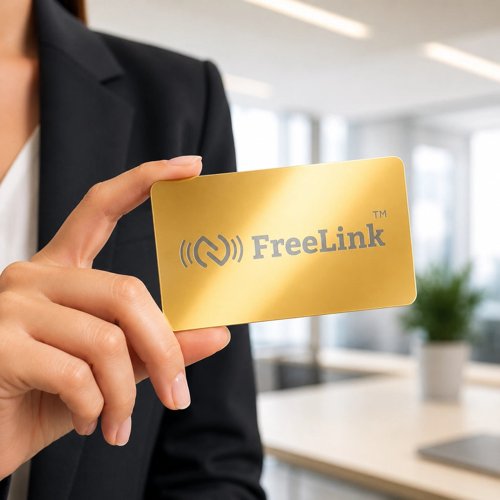 Person holding a gold NFC metal business card with 'FreeLink' branding in an office setting