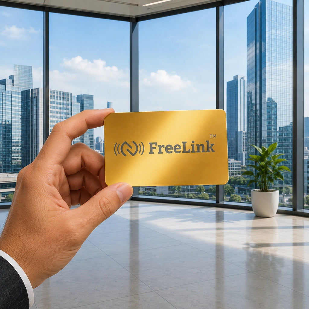 Hand holding a gold NFC Metal card with 'FreeLink' logo in an office setting