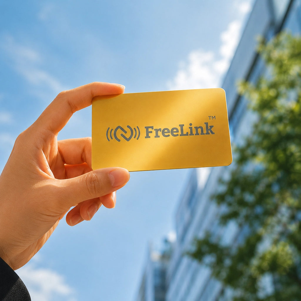 Hand holding a golden NFC metal Business card with 'FreeLink' branding against a blue sky in outdoors.