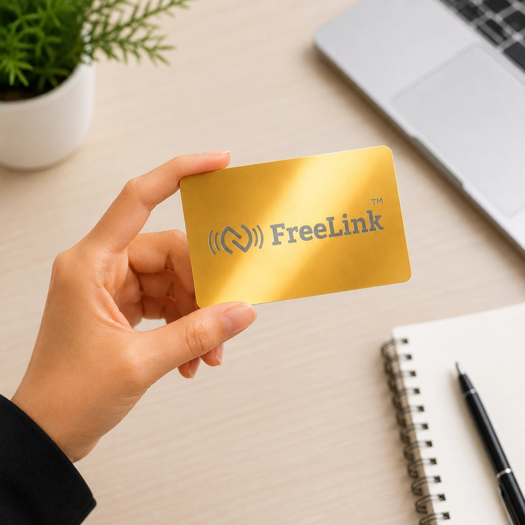 Hand holding a gold NFC metal business card with 'Freelink' branding on a desk with a plant and notebook in the background.